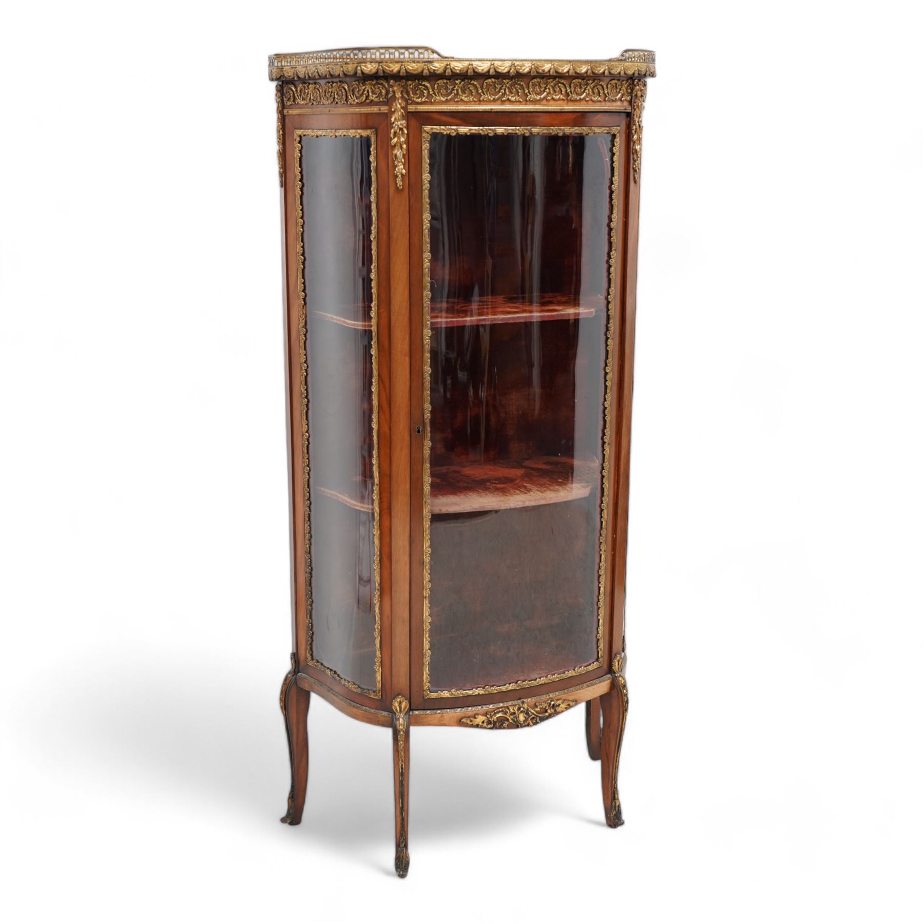 Late 19th to early 20th century French Kingwood and gilt metal mounted vitrine display cabinet, red variegated marble top with raised gilt metal gallery, the frieze decorated with scrolling leafy branches, enclosed by single glazed door, fabric lined interior fitted with two internal shelves, on cabriole feet