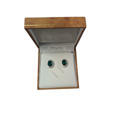 Pair of silver green stone and cubic zirconia cluster stud earrings, boxed 