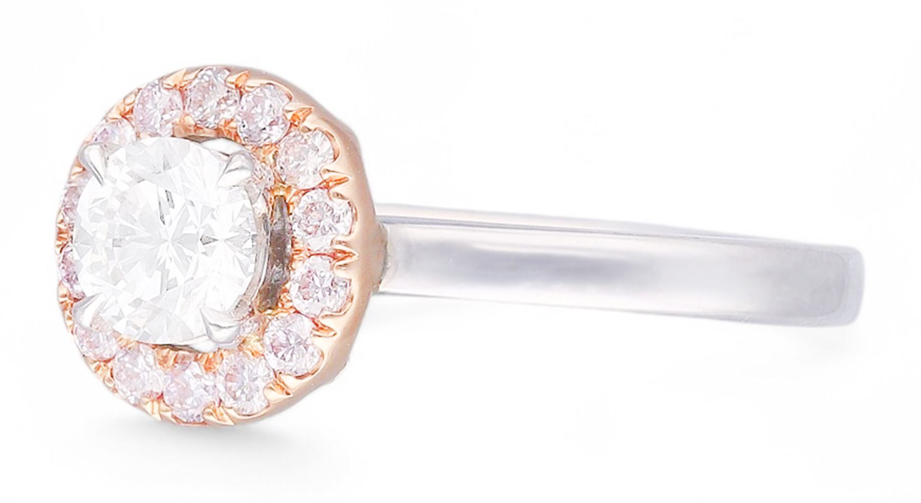 Platinum and 18ct rose gold round brilliant cut diamond halo cluster ring, the principal white diamond of 0.52 carat, with GIA report, colour D, clarity VS1, surrounded by pink diamonds of approx 0.20 carat, hallmarked