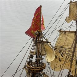 Large kit built scale model of 17th century Royal Navy warship 'HMS Sovereign of the Seas', upon wooden stand with engraved name plaque, H91cm, W111cm