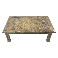 Rectangular coffee table, variegated marble top, on square supports with block feet 