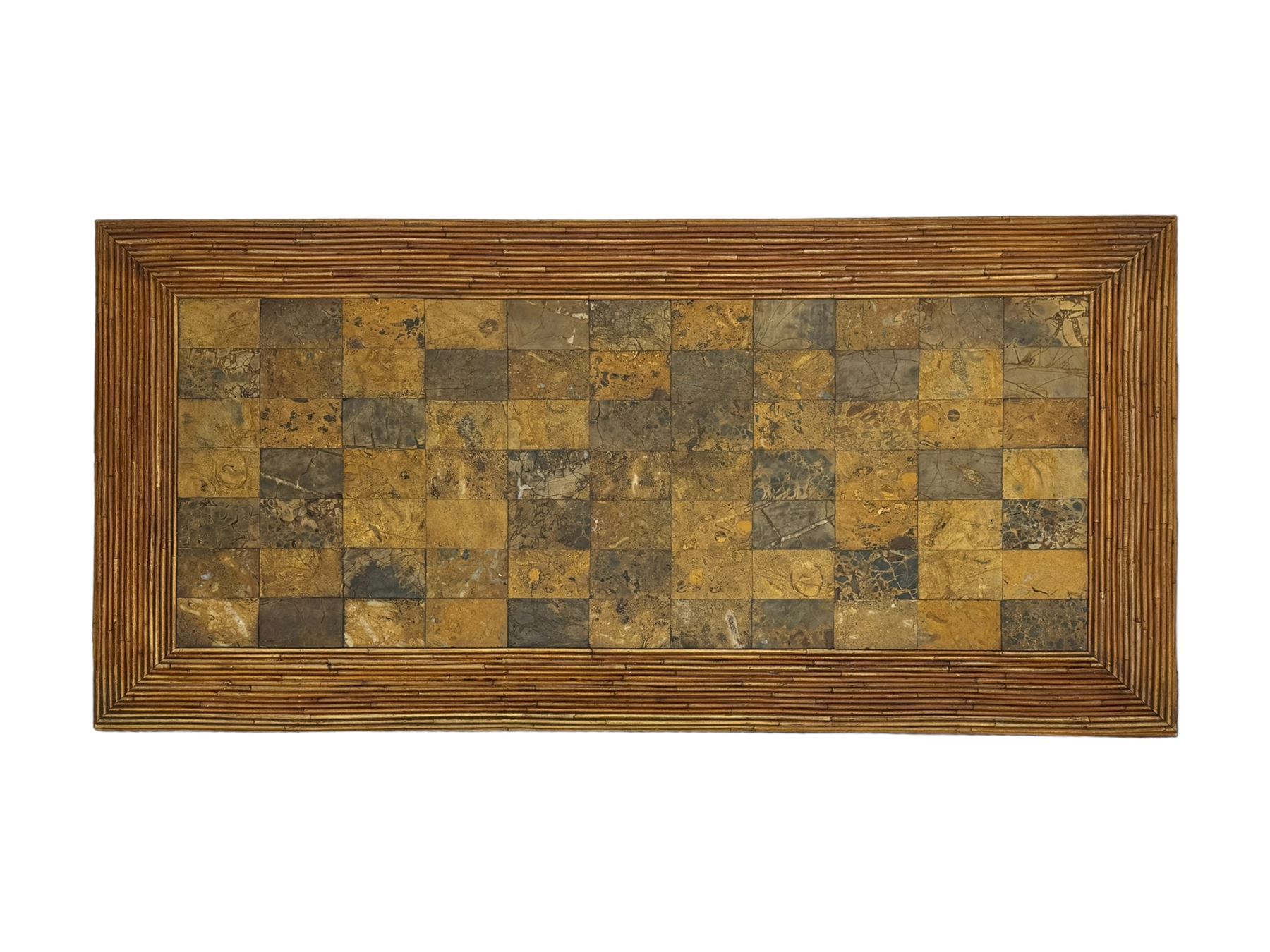 Mid-20th century coffee table, rectangular tiled wooden top framed by bamboo detailing, supported by wrought iron base with scrolled legs and central mosaic accent