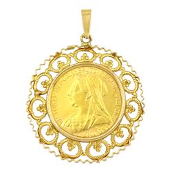 Queen Victoria 1898 gold full sovereign coin, Melbourne mint, loose mounted in 9ct gold pendant, hallmarked