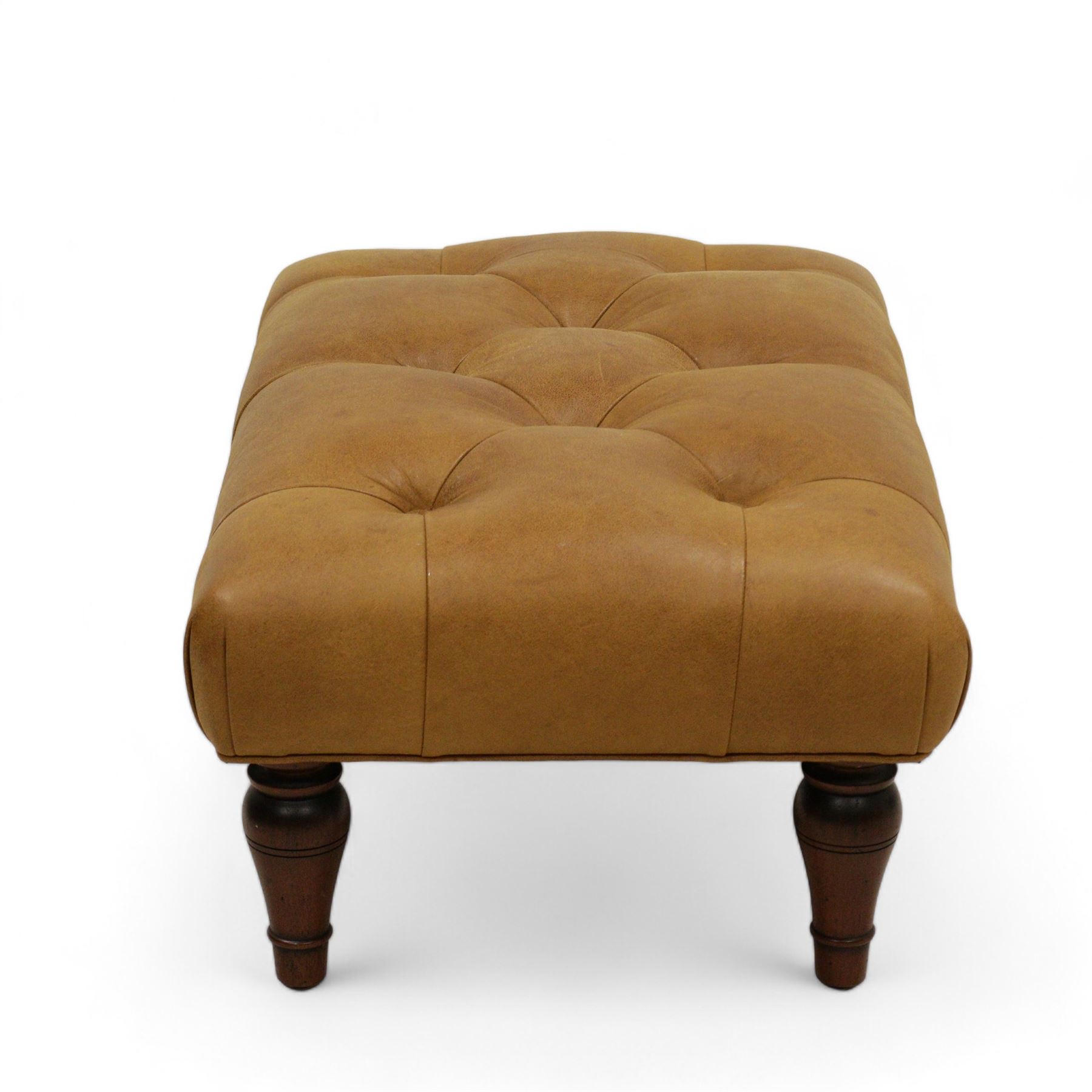 Laura Ashley Lancaster Georgian design armchair, upholstered in buttoned Colorado tanleather, with matching footstool