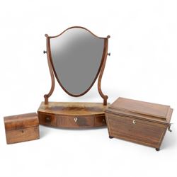 19th century inlaid wooden toilet mirror, of shield form, about three drawers centre drawe...