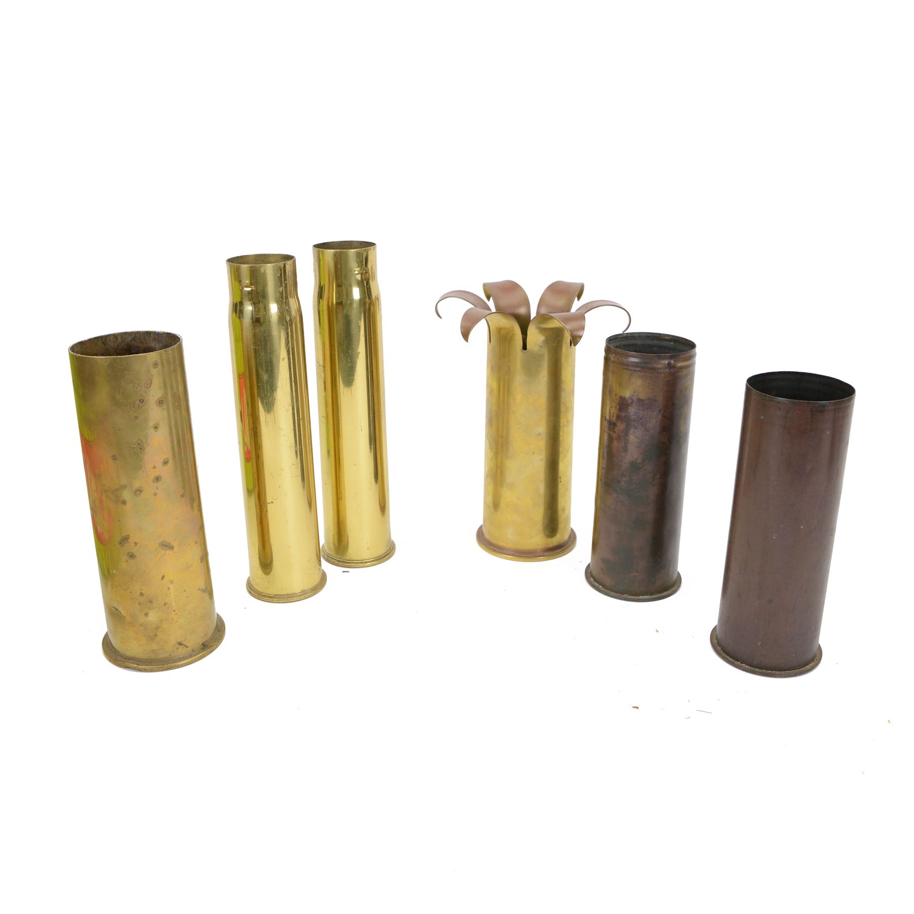 Six shell chases from WWI and WWII, including two British 6PR anti-tank shell case, marked 6PR, largest H31cm