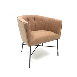 Tub shaped easy chair upholstered in tan faux leather, metal X framed base, W68cm