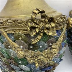 Two 20th century brass and murano glass pendent lanterns, each lantern is decorated with individual multi-coloured glass flowers, suspended from brass cover with floral swags, H40cm