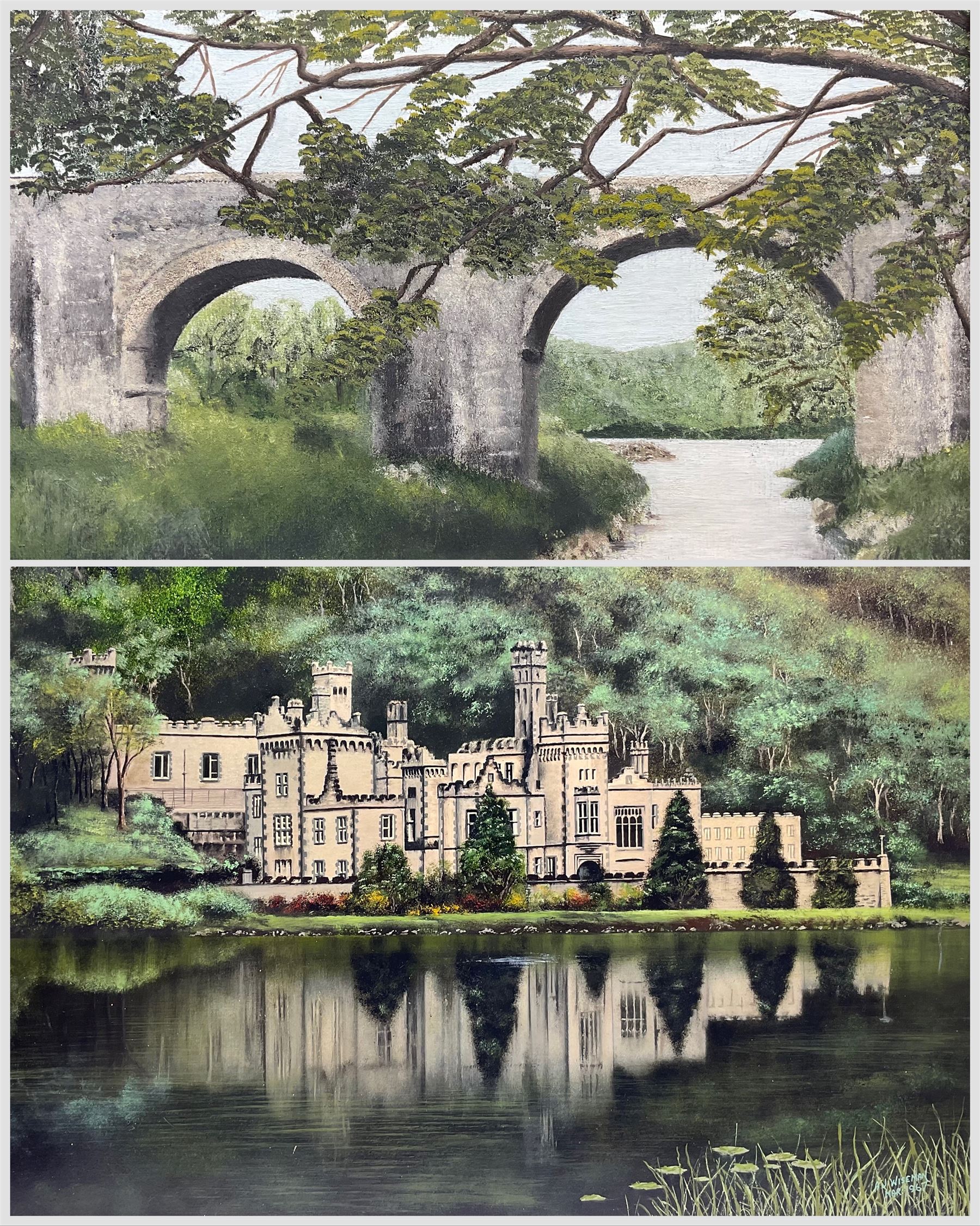 A J Wiseman (British 20th Century): Kylemore Abbey - Ireland, oil on board signed and dated 1967, 57cm x 73cm; English School (20th Century): Holne Bridge - Devon, oil on board unsigned, titled verso 28cm x 39cm (2)