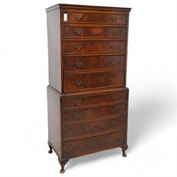 Georgian design figured walnut chest-on-chest, projecting cornice over nine graduating cock-beaded drawers, on cabriole feet 