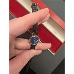 Omega ladies gold-plated and stainless steel manual wind wristwatch, lapis lazuli dial, on original leather strap with buckle, boxed