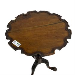 Georgian design mahogany tripod table, pie-crust moulded circular top, raised on turned and fluted column with twist baluster, on out-splayed ball and claw carved feet with acanthus carved knees