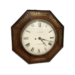 Wilkinson of Leicester - mid-19th century octagonal mahogany cased 8-day wall clock, dial surround inlaid with brass fretwork and a cast brass bezel, 10