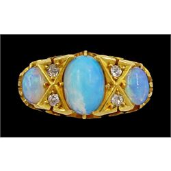 Victorian 18ct gold three stone opal ring, with four diamond accents set between