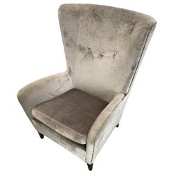 2 x Wing back armchair upholstered in silver crushed velvet fabric