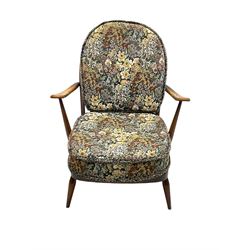 Lucian Ercolani for Ercol - mid-20th century beech and elm 'Windsor 203' two-seat sofa, wingback design upholstered in floral pattern over sprung seat and backrest, open curved arms, on splayed supports with stretchers (W133cm, D87cm, H90cm); matching easy chair (W70cm, D97cm, H82cm)