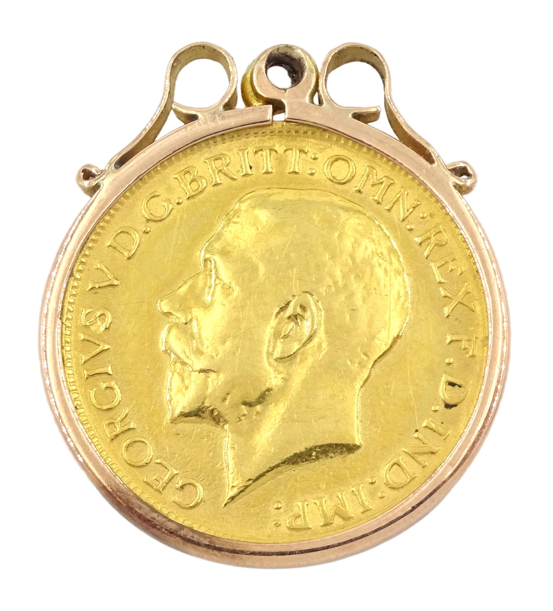 King George V 1913 gold full sovereign coin, loose mounted in 9ct gold pendant