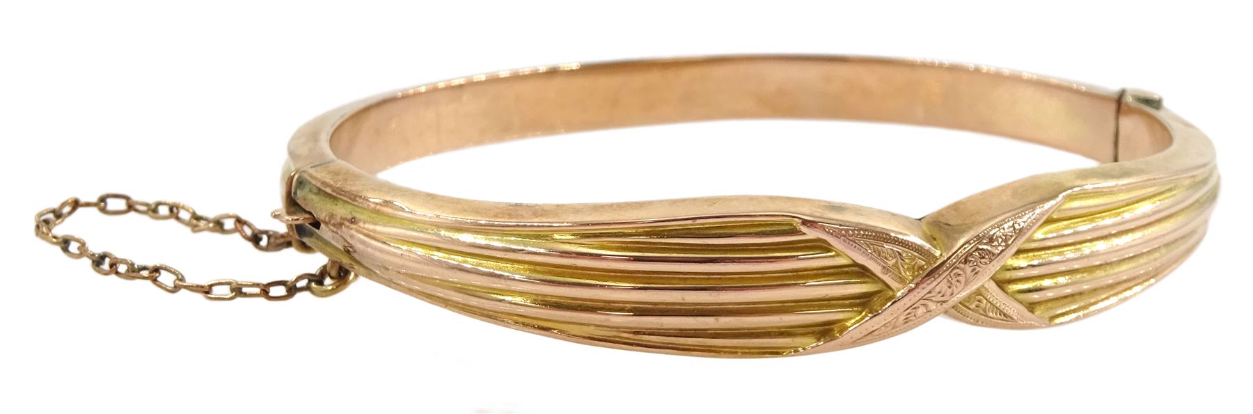 Victorian 9ct rose gold bangle, with ribbed and crossover decoration, Birmingham 1892