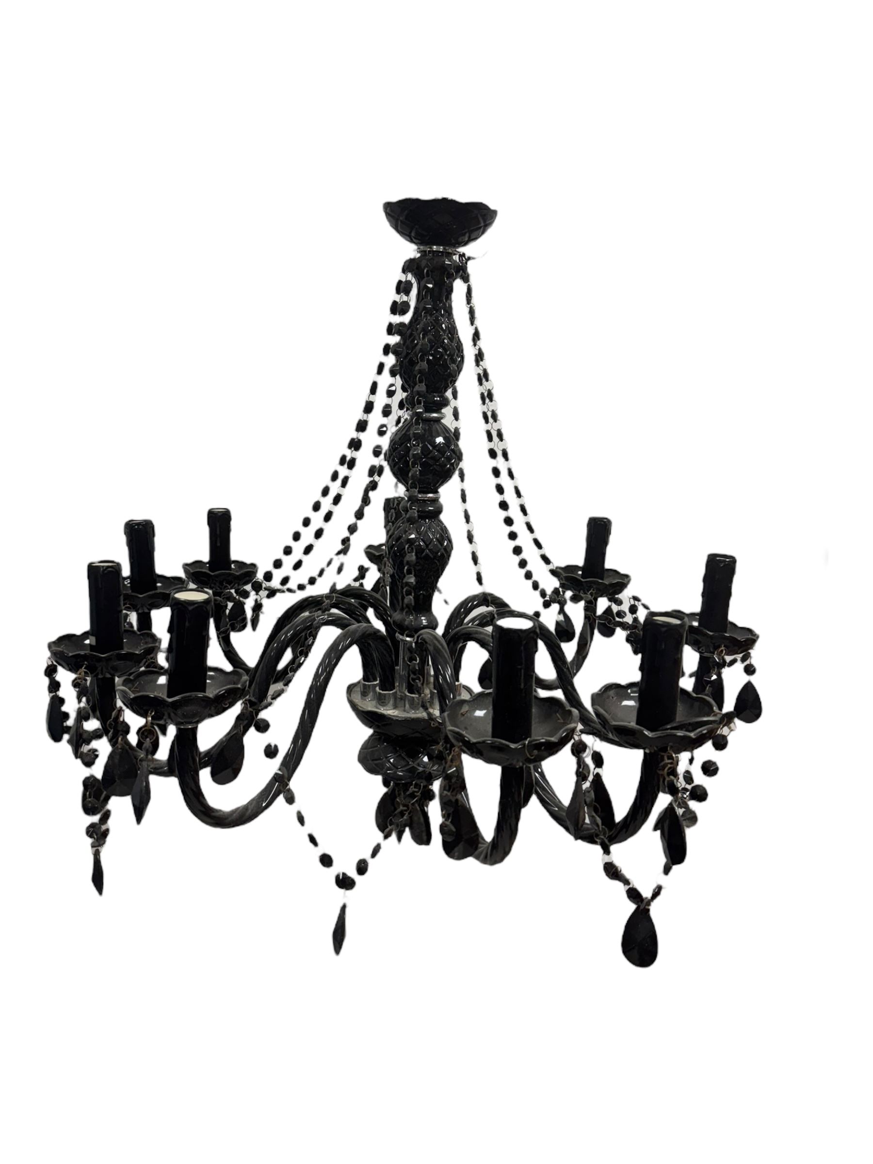 Two classical black glass fourteen branch chandeliers