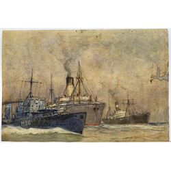 William J Mann (Scarborough mid 20th century): Steam Trawlers by the Fish Quay Scarborough, watercolour signed and dated '49, with a study of shipping verso 30cm x 45cm
Notes: Mann was a member of the Fylingdales Group of Artists and lived in Newby, Scarborough.