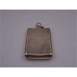 Modern silver hip flask, of typical form with hinged cap, the body with personal engraving, hallmarked Carr's of Sheffield Ltd, Sheffield 2005, H12.5cm