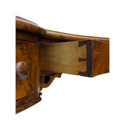 Victorian walnut kidney-shaped writing desk, moulded top with floral cast brass gallery and inset leather writing surface, fitted with three frieze drawers with turned handles, shaped and pierced end supports on raised platforms terminating to splayed feet, united by twist turned and lobe carved stretcher, brass and ceramic castors 