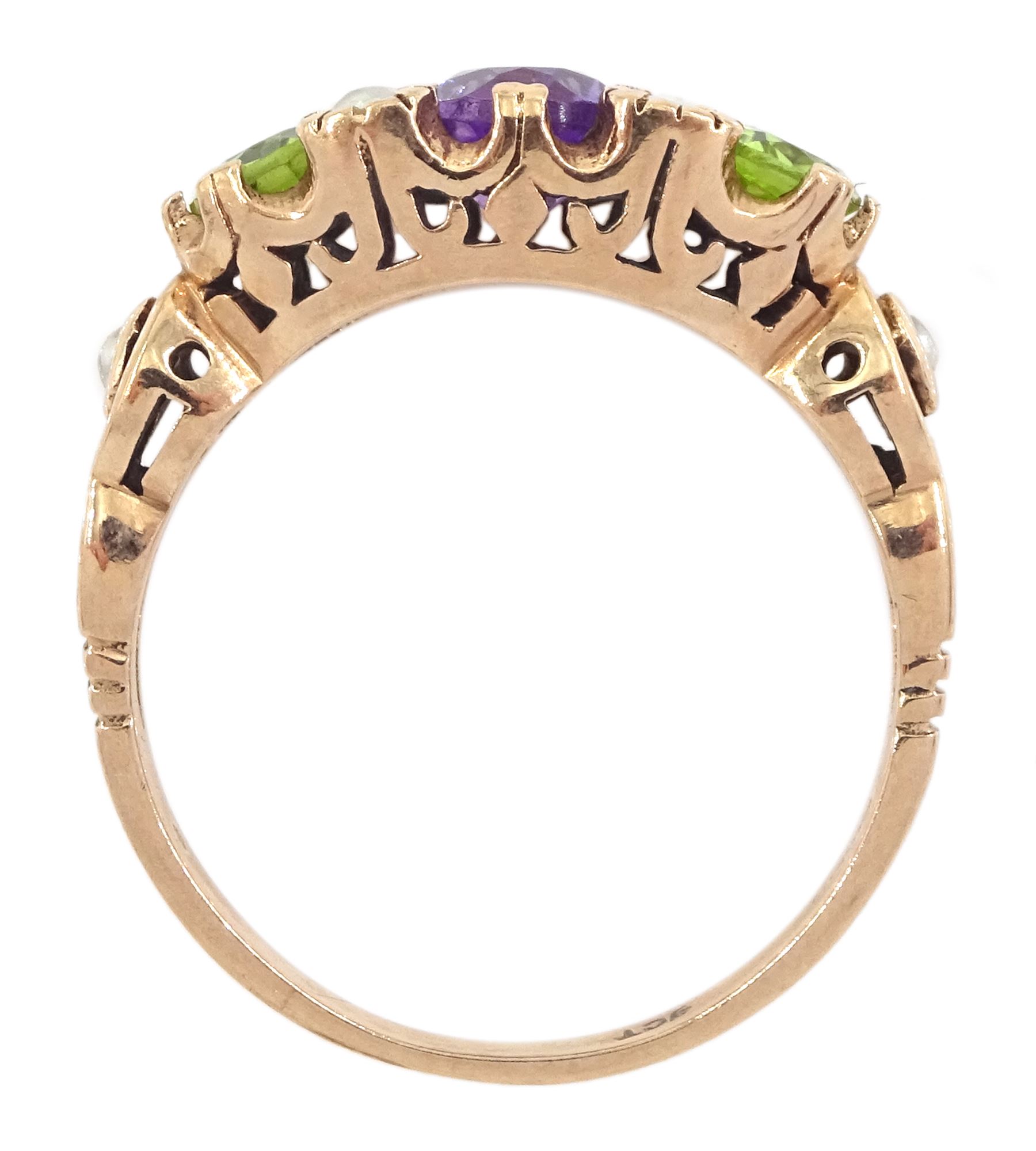 9ct rose gold three stone oval cut peridot and amethyst ring, with pearl accents set between and pearl set shoulders, London 2011