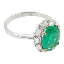 18ct white gold oval cut emerald and baguette cut diamond cluster ring, stamped 750, emerald approx 2.05 carat, total diamond weight approx 0.40 carat