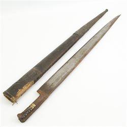  19th century Afghan Khyber knife with engraved blade and horn grip 60cm blade length, another similar Khyber knife, Indian Tulwar and a Kukri (4)