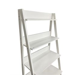 Contemporary white finish shelving unit, five graduating sloped shelves