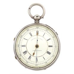 Victorian silver centre seconds key wound chronograph pocket watch, No. 3879, white enamel...