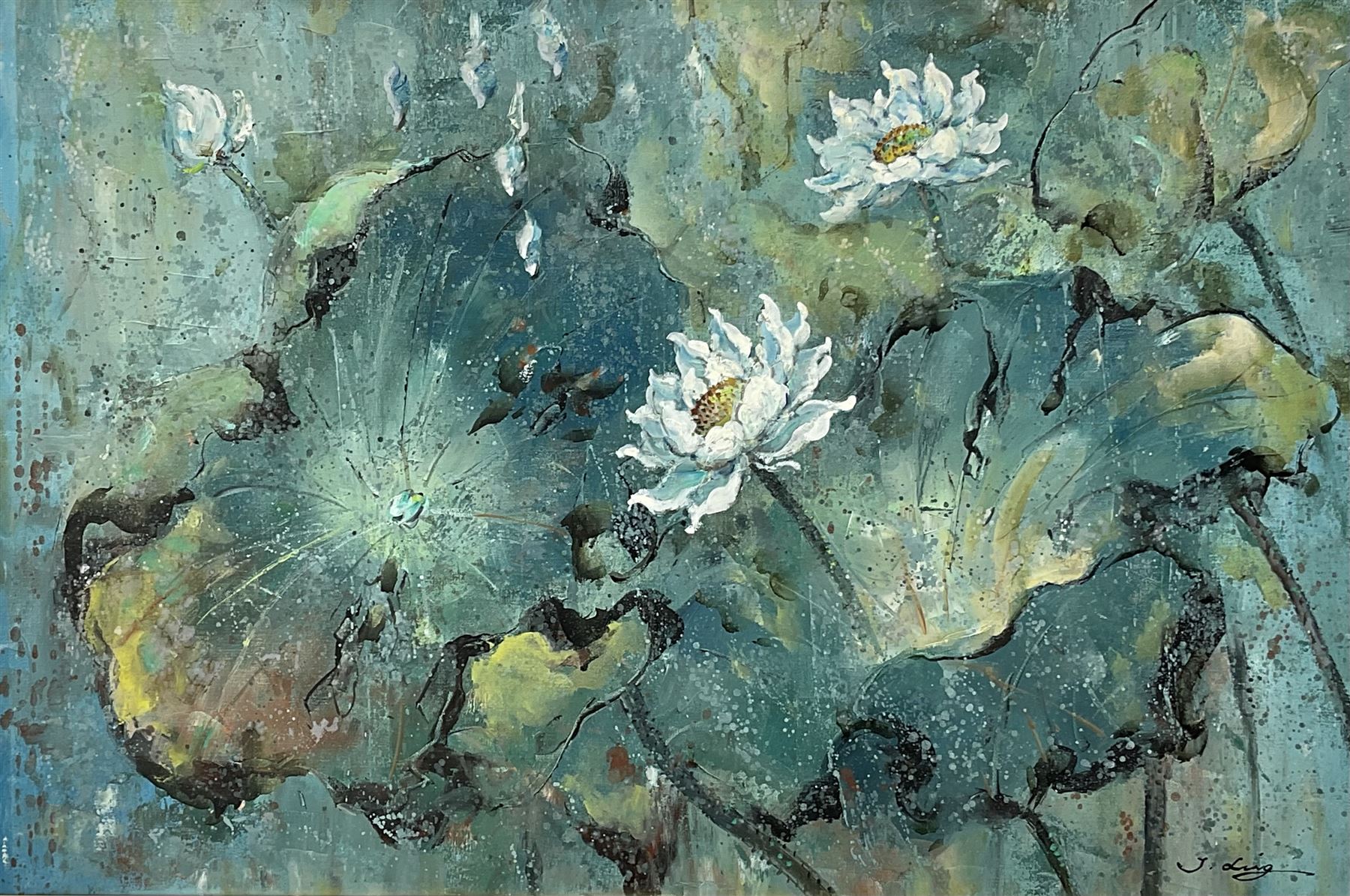 English School (20th century): Abstract Floral Composition in Aqua, oil on canvas indistinctly signed 60cm x 90cm