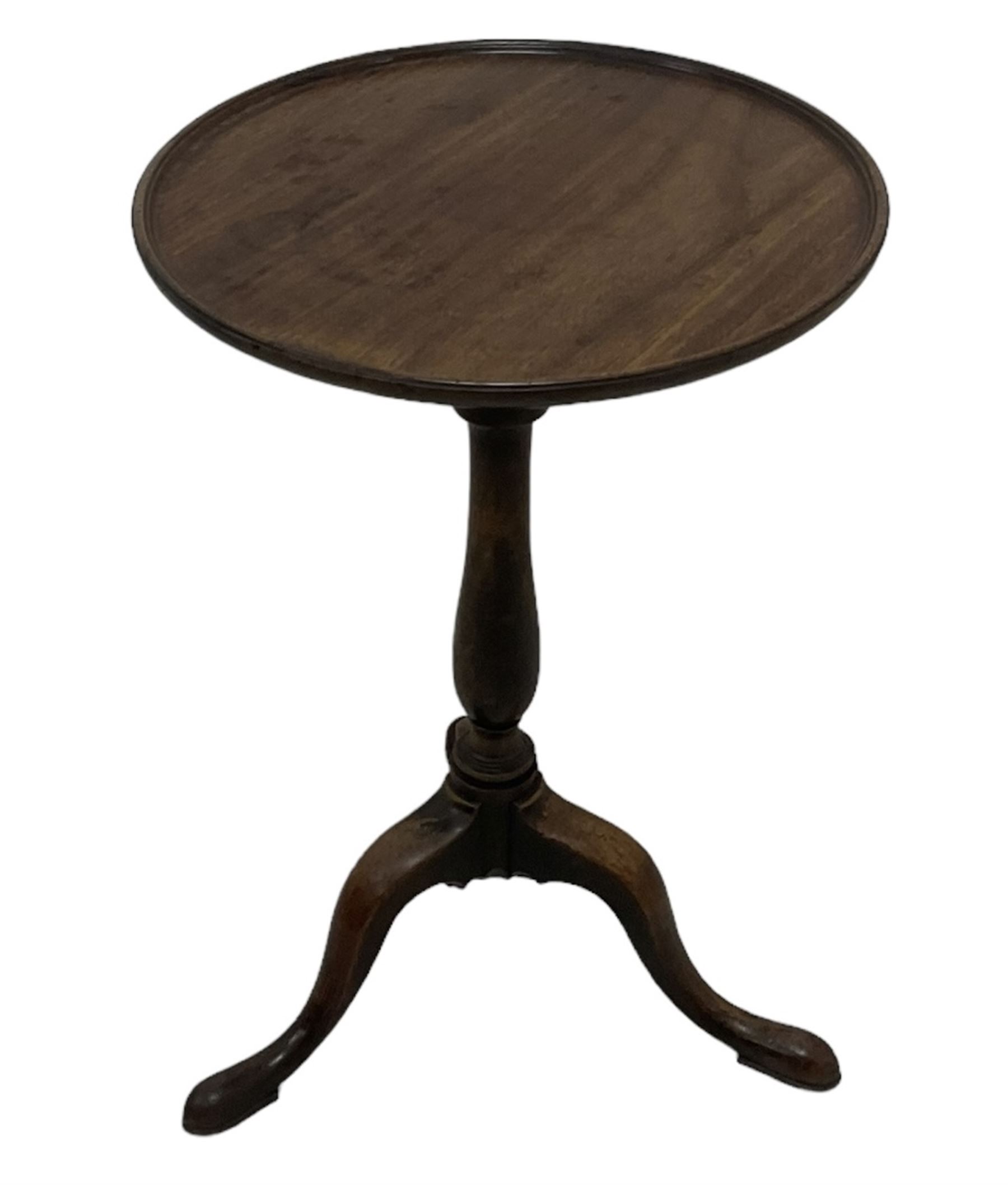 George III mahogany wine table, circular dished top over vasiform pedestal, on tripod base with splayed feet