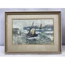 Harry Wanless (British c1872-1934): Fishing Boats returning to Scarborough Harbour in Rough Seas, watercolour signed 16cm x 25.5cm
Provenance: direct from the artist's family, part of a collection never previously seen on the market