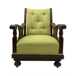 20th century oak framed rocking chair, curved armrests with shaped support panel, upholstered in lime-green fabric with button-tufting on the backrest, concealed springs to facilitate rocking motion underneath, supported by turned front legs with castors