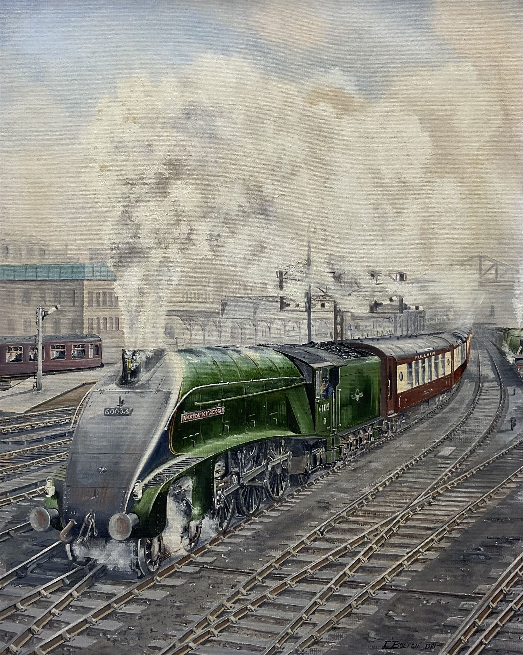 E Bolton (British 20th Century): Andrew K McKosh Steam Locomotive, oil on board signed and dated 1981, 49cm x 39cm 