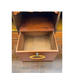 Mid-to-late 20th century inlaid mahogany bureau, inlaid floral medallion to the top, the fall front opening to reveal fitted interior with pigeonholes, small drawers and central cupboard, green inset writing surface with gilt tooling, four drawers below with brass handles, raised on shaped bracket feet