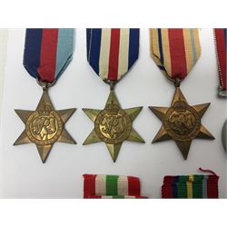 Ten WWII medals comprising three 1939-1945 Medals, two 1939-1945 Stars, two France & Germany Stars, Africa Star, Pacific Star and Italy Star; all with ribbons (10)