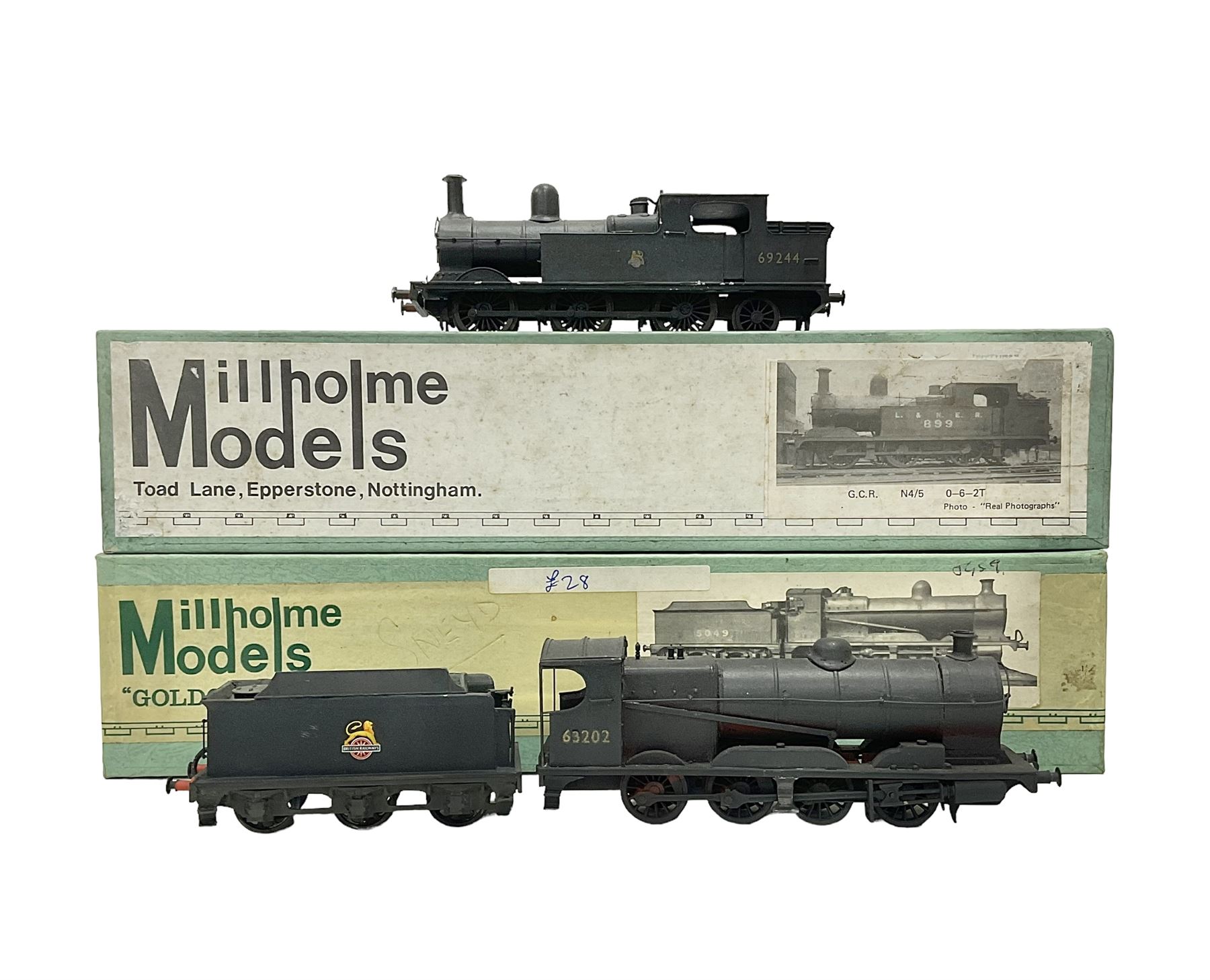 ‘00’ gauge - two kit built steam locomotives comprising GCR Class Q4 0-8-0 no.63202 finished in BR black with BR tender; Class N4 0-6-2T no.69244 finished in BR black; both with Millholme Models boxes (2) 