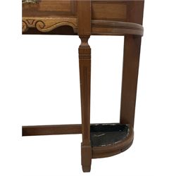 Late Victorian hallstand, raised pediment over balustrade frieze, bevelled mirror back with coat hooks over glove drawer, fitted with two drip-trays to base