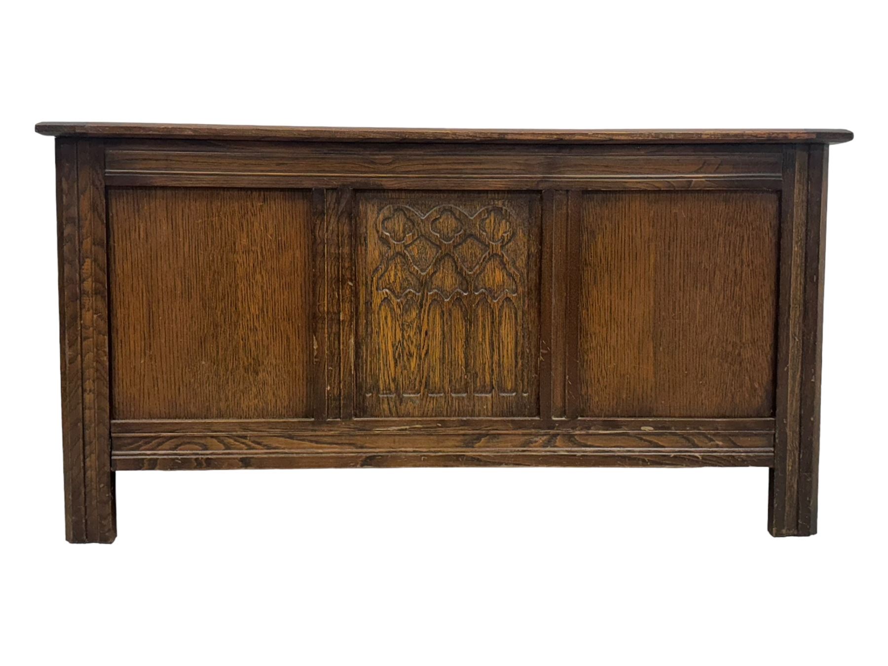 17th century design oak blanket chest, panelled hinged lid over panelled front, moulded frame, on stile supports