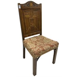 19th century walnut side chair, foliage carved cresting rail over geometric inlaid back with central panel depicting buildings, upholstered seat, on moulded and chamfered square supports