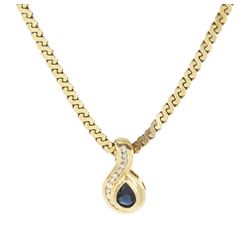 Gold pear cut sapphire and round brilliant cut diamond pendant, on gold flattened S link c...