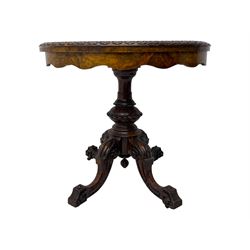 Victorian walnut demi-lune card table, circular fold-over top with foliate carved edge, revealing green baize-lined playing surface over scalloped apron, raised on a turned and carved pedestal with four splayed scroll supports with castors