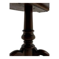 Victorian mahogany pedestal table, oval top inlaid with tapestry under glass, turned central pedestal with pointed finial, on three carved scroll supports