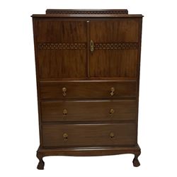 Early 20th century mahogany tallboy, double cupboard over three drawers, on ball and claw carved cabriole feet