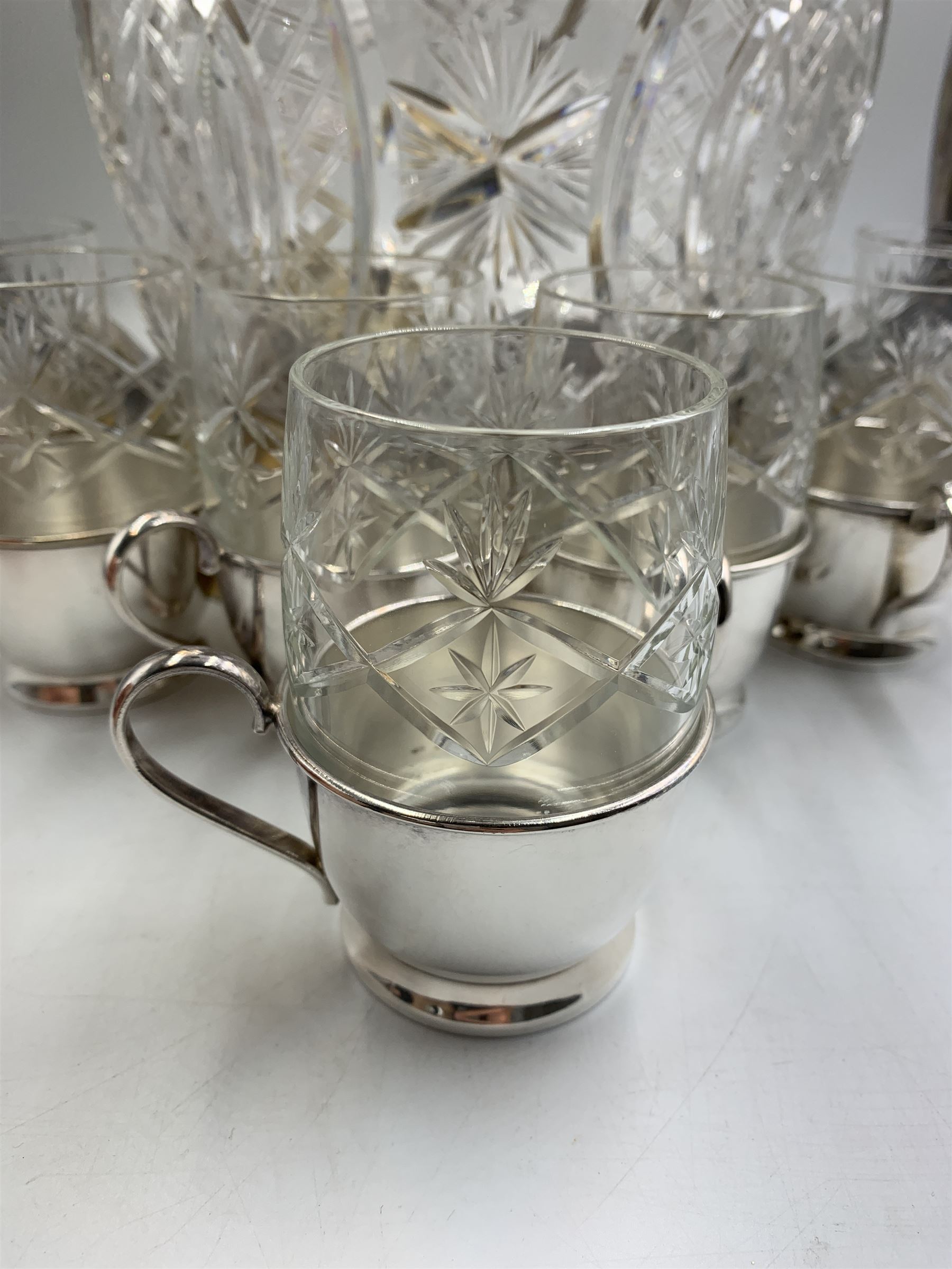 Art Deco German silver plate and cut glass punch bowl & cover, with ladle and twelve cut glass and silver plate cups, makers marks for Badische Metallwarenfabrik