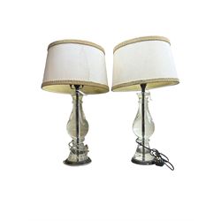 Pair of large clear resin table lamps, of baluster form with cream hessian shades, overall approximately H70cm