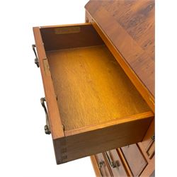 Mid-to-late 20th century yew wood bureau bookcase, raised bookcase enclosed by glazed door, the fall front revealing fitted interior, four graduating cock-beaded drawers below, on bracket feet