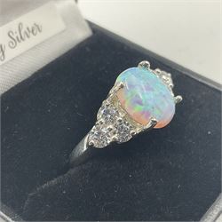 Silver opal and cubic zirconia cluster ring, stamped 925, boxed 